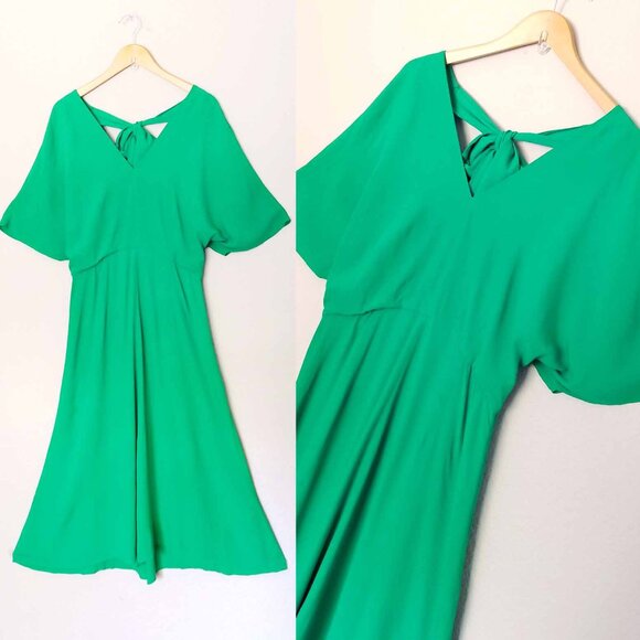 Whistles Kelly Green Zelena Midi Dress 10 Crepe Flutter Sleeves Bow Back $320 - Picture 5 of 14